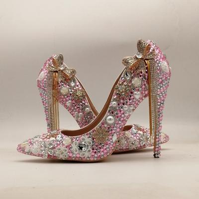 Mode Luxus Quaste Schleife Kristall Strass Hochzeit Brautschuhe Feenstil Weiß Rosa Perle Bankett 5cm 8cm 10cm High-Heels43