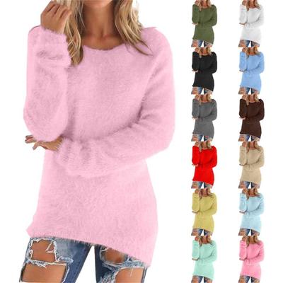 Suéteres Femininos Fofos Casuais de Gola Redonda em Fleece Pulôver Manga Longa Térmico Macio Peludo Roupas de Inverno