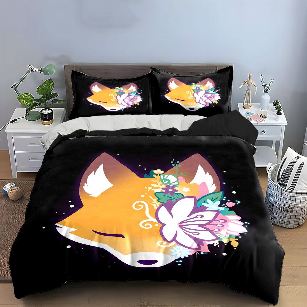 "Fox Floral Art Decor Set" Bedding Set with 1 Duvet Cover 2 Pillowcases Single Double King Queen, Gift