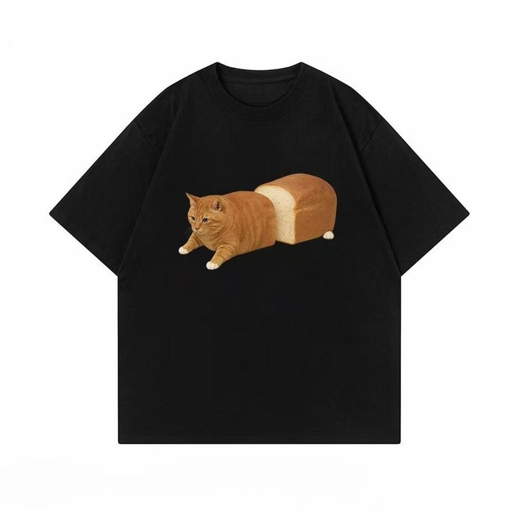 Summer Loose Funny Bread Cat Print Tshirt Unisex Oversized Cotton Short Sleeve Tee Harajuku Streetwear Casual Summer Tops