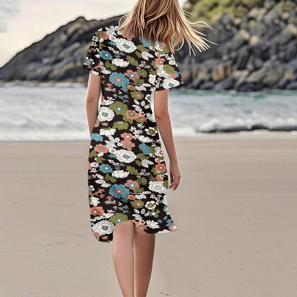 Damen Sommerkleid, lässig, modisch, Blumendruck, V-Ausschnitt, kurzärmelig, kurzer Rock