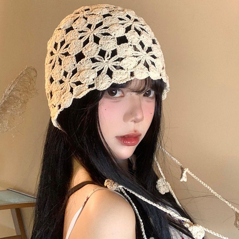 Breathable Hand-knitted Hollow Flowers Hat Elegant Soft Women Hat Fringed Crochet Cute Beret Cap for Women Photography