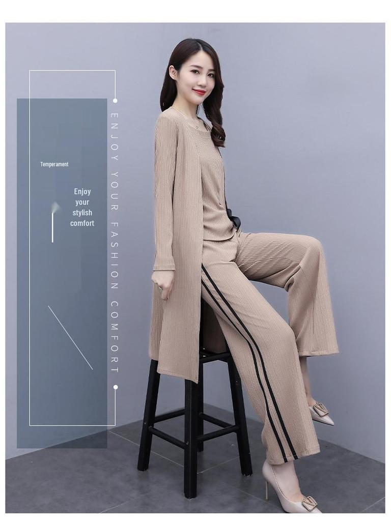 2023 Women's Fashion Three-Piece Set: Wide-Leg Pants, Temperament Coat & Casual Crop Top