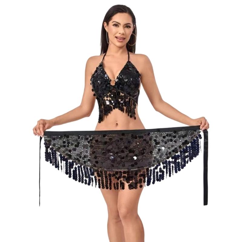 

Belly Dance Hip Scarf Laces Up Sequins Skirt Sparkles Wrap Skirt Bellydance Costumes for Halloween Raves Party Clubwears чорний