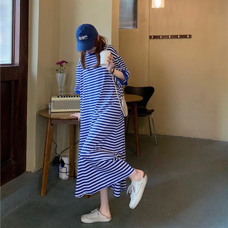 YYFS Dámská móda Léto Jaro Pruhovaný potisk 1/2 rukávy Kulatý výstřih Volný pas Ležérní šaty