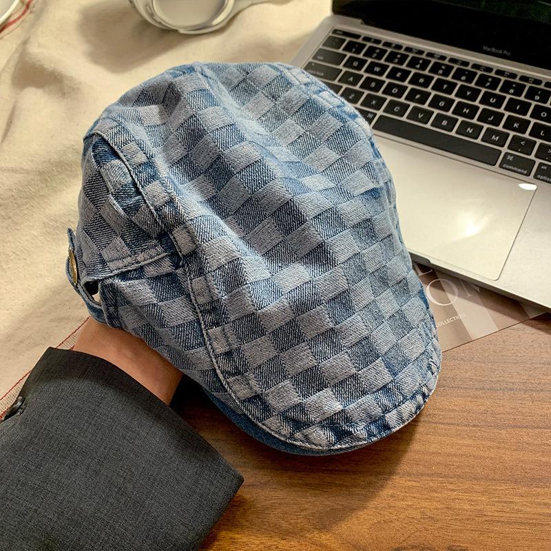 Plaid denim forward hat beret female reverse wearing washed retro big head circumference painter hat spring and autumn women's