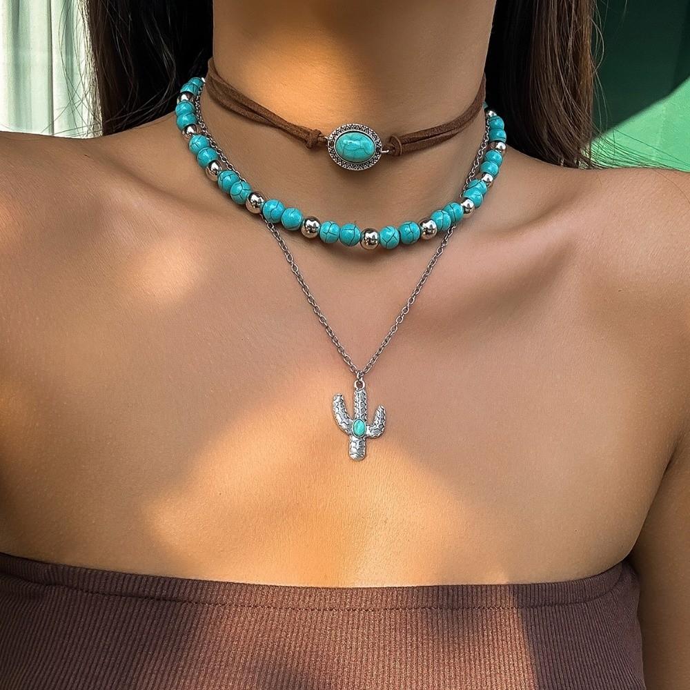 Western Beaded Layered Necklace Bohemian Clavicle Chain Turquoise Beads Pendant Necklaces Gifts
