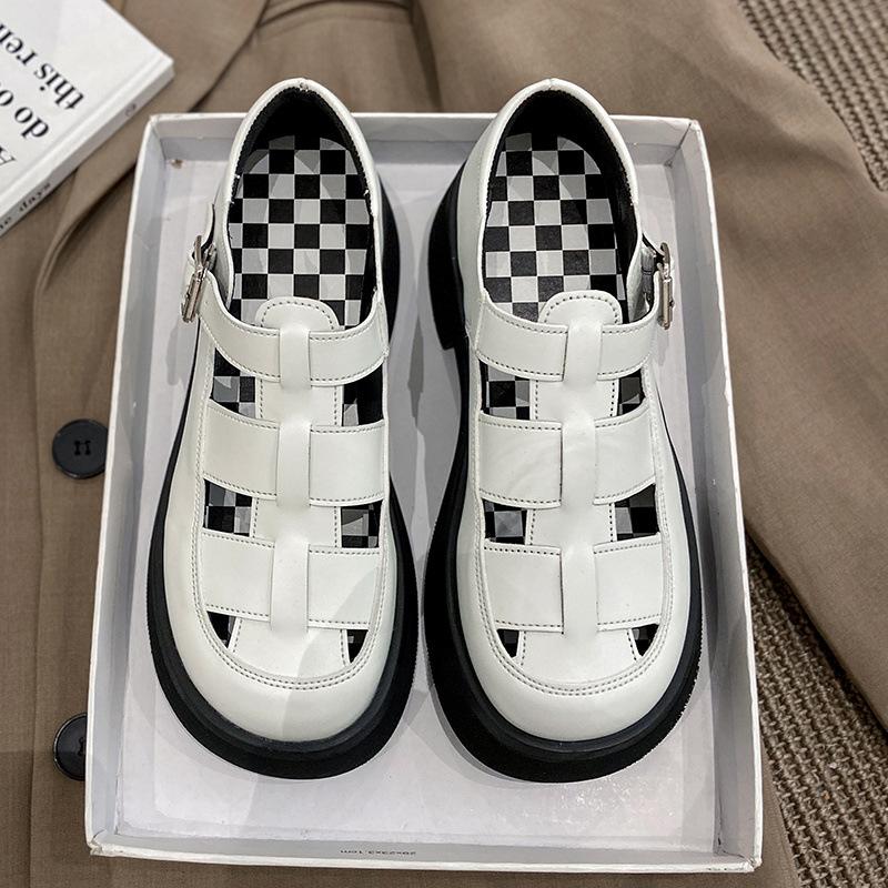 

2025 new leather bag head Roman sandals women s summer muffin thick-soled versatile hollow college wind big head shoes 35 белый