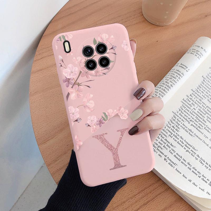 Initial Letter Silicone Case For Huawei Nova 8i Honor 50 Lite Shell Retro Pink Flower Soft TPU Back Cover For Honor 50Lite Capa