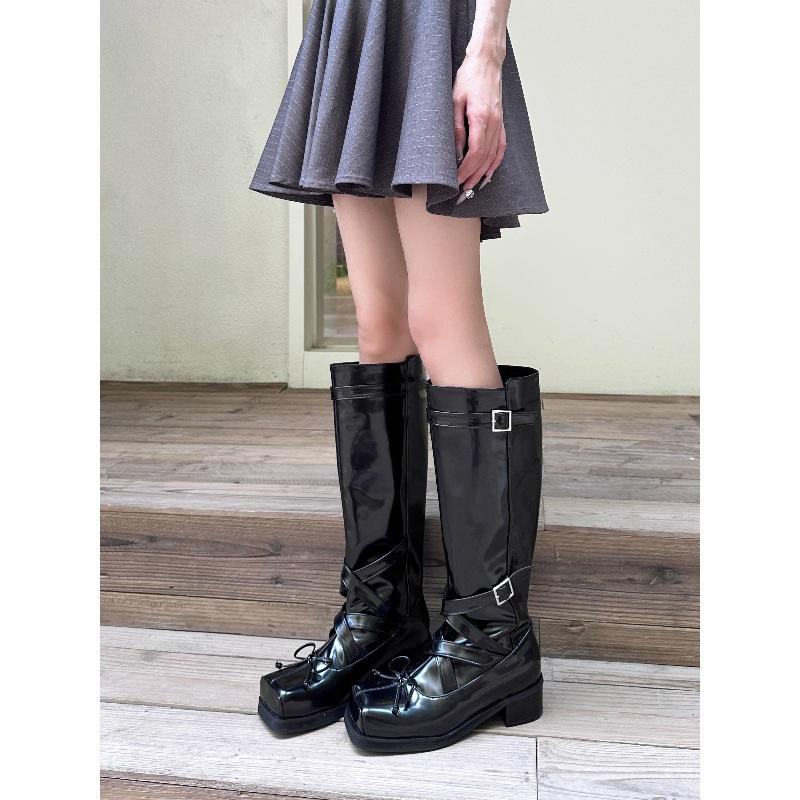 Cowhide version ballet style thick-soled boots women's leather bow square head thick-soled thick-heeled high boots knight boots