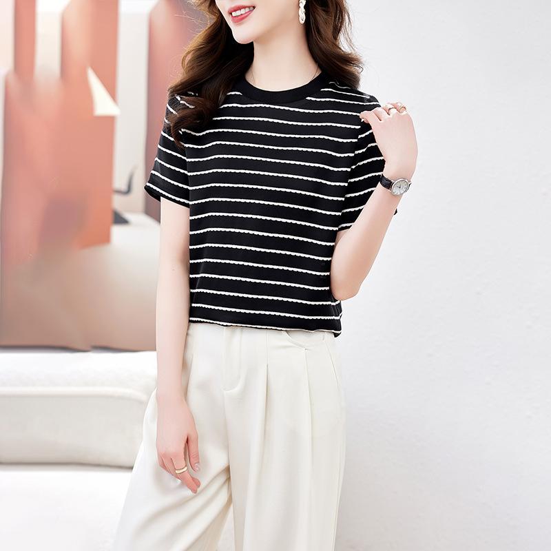 

Темпераментная полосатая шелковая футболка женская с коротким рукавом летнее платье модный тонкий топ из шелка-тутового шелкопряда 2XL