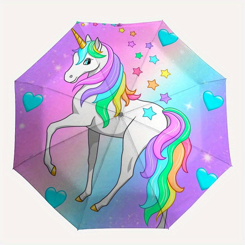 Einhorn Fantasy Automatischer Klappschirm Einfaches 8-Rippen-Design, Helles Cartoon-Muster, Langlebiger Eisenrahmen, Geeignet Für Reisen, Outdoor, B