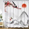 Flower Carp Shower Curtains Bird Red Floral Koi Fish Ink Plants Mountain Water Landscape Fabric Bathroom Decor Bath Curtain Sets