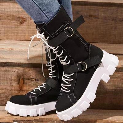 Martin-Stiefel für Damen im britischen Stil, Canvas, hohe Stiefel, einfarbig, dicke Sohle, lässige Schnürstiefel mit runder Spitze