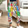 Women Plus Size Printed Jogger Pants Dark Navy Gold Pattern Drawstring Waist Side Pockets Cuffed Ankle