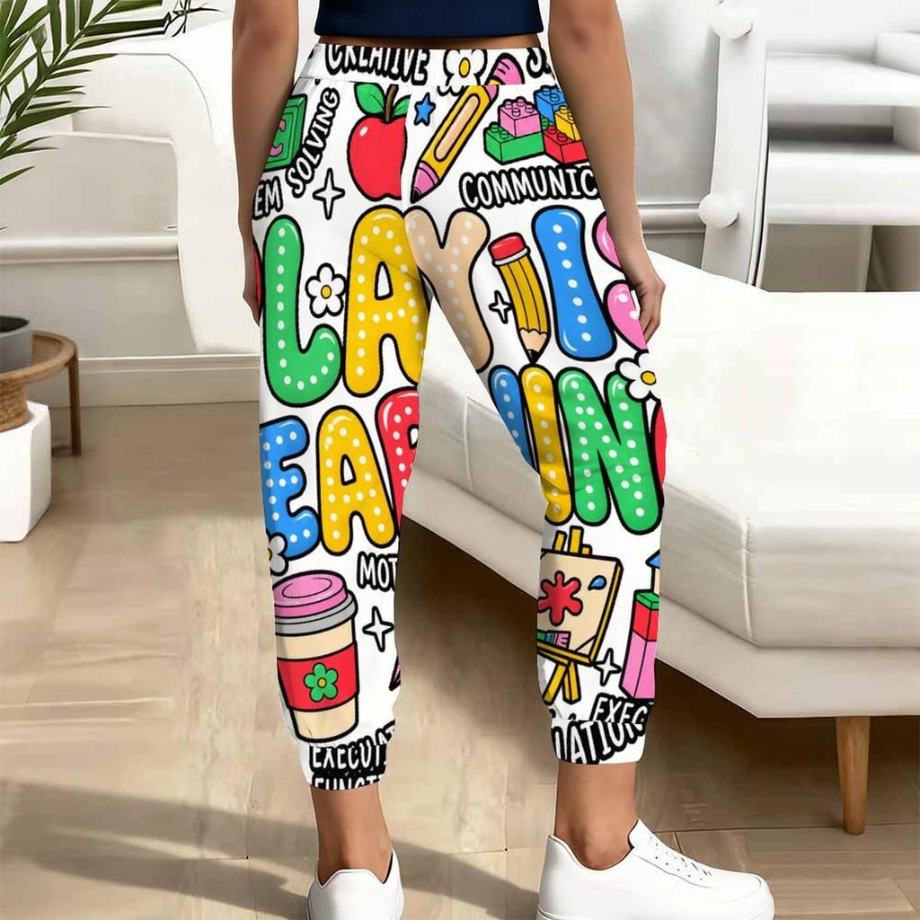 Women Plus Size Printed Jogger Pants Dark Navy Gold Pattern Drawstring Waist Side Pockets Cuffed Ankle