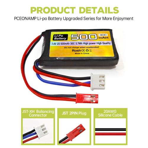 2PCS 7.4V 500mAh 30C Lithium Batteries with JST-2P Plug for Remote Control Helicopters, 4-Axis Airplanes, Small Aircraft, FPV Racer Drones, RC Cars, T