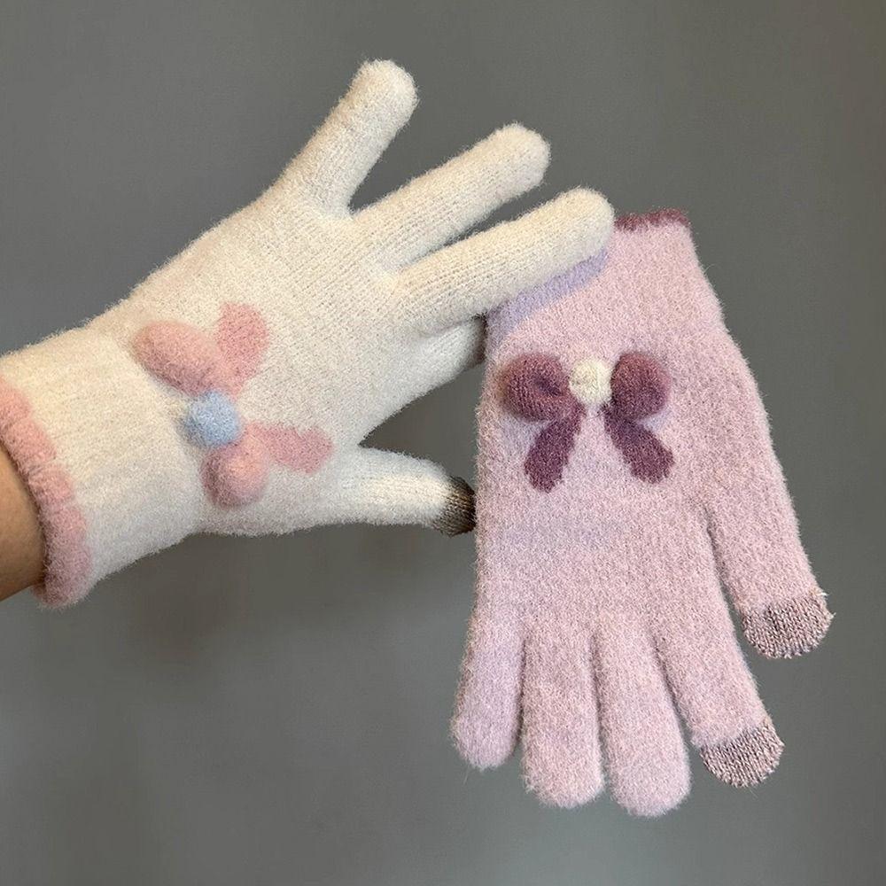 Bowknot Women Knitted Gloves Thicken Warmth Warm Mittens Elastic Winter Gloves