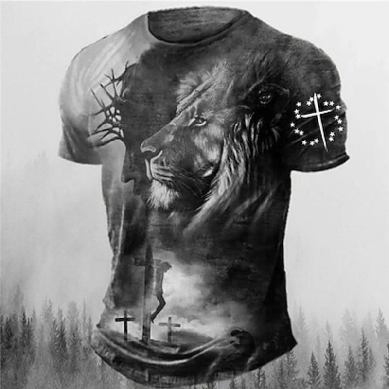 Men's Graphic Animal Lion Faith T Shirt Short Sleeve T Shirt 3D Print Crew Neck Shirt Vintage Fashion Designer Outdoor Daily Sports