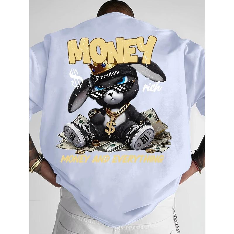 MONEY AND EVERYTHING T-Shirt – Black Oversized Short Sleeve Tee, Rich Bunny Rabbit Graphic with Crown & Dollar, Hip Hop Streetwear