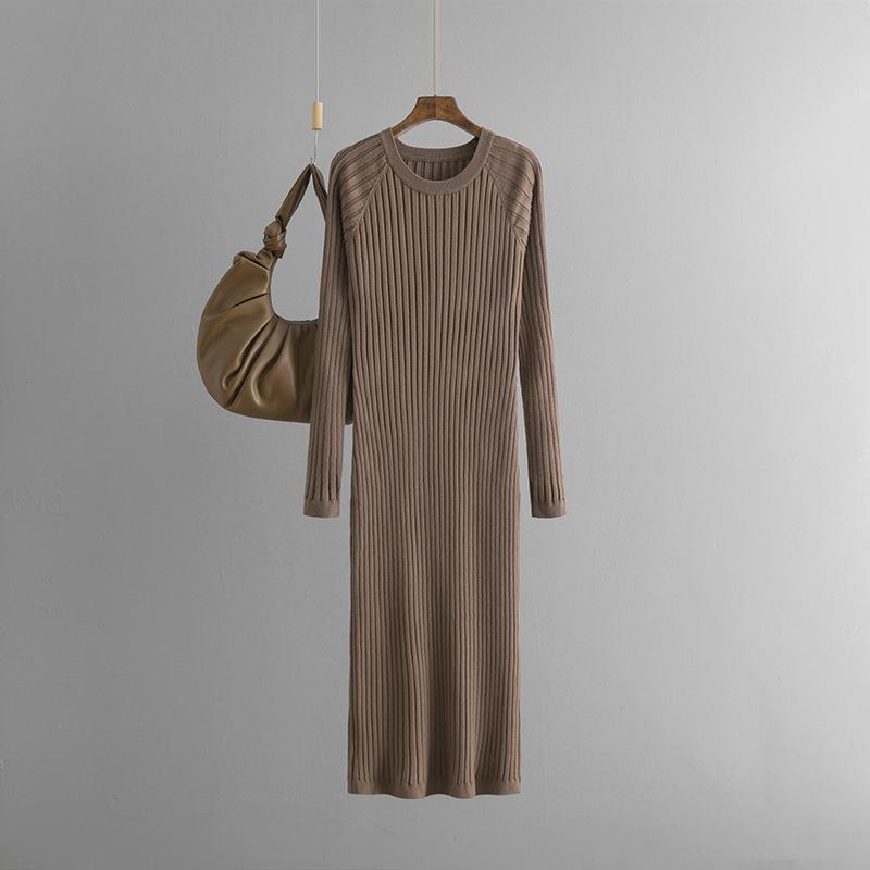 Medium and long over-the-knee sweater skirt for women's autumn and winter new round neck pit strip with bottom-up knitted dress