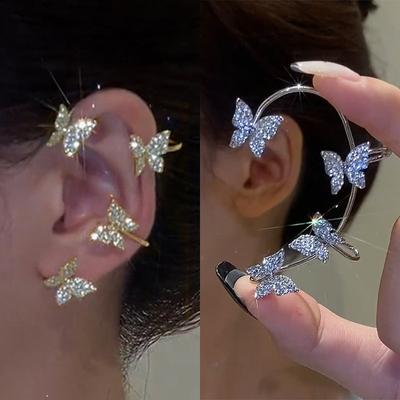 1Pcs Korean Fashion Rhinestone Butterfly Ear Clips Without Piercing for Women Girls Sparkling Zircon Ear Cuff Clip Earrings Wedding Jewelry Gifts KTJ