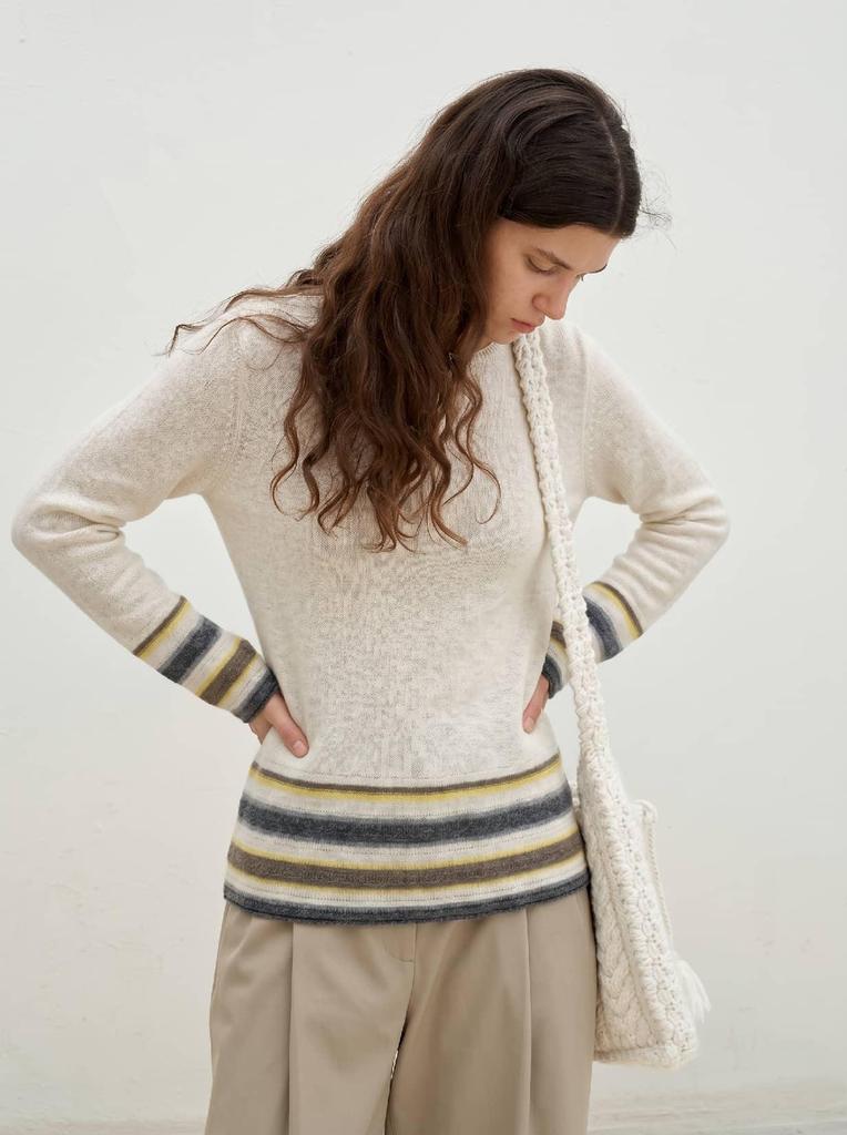 Tencel Wool Cashmere One-Shoulder Striped Sweater for Women