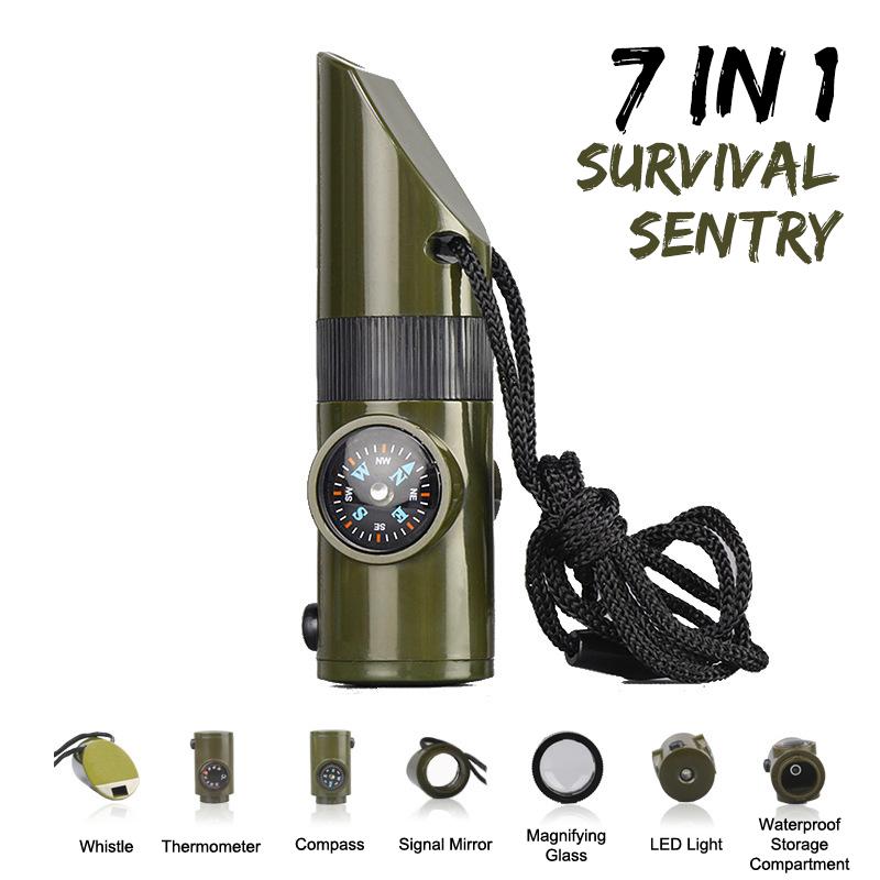 7 In1 Outdoor Emergency Whistle With Compass Thermometer Magnifier Led Lights Portable Convenient Survival Tools