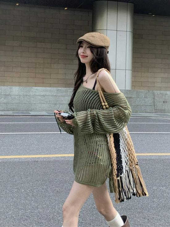 2025 Spring Summer Women's Mesh Cardigan: Lightweight, Loose, Off-the-Shoulder Knitwear with Long Sleeves