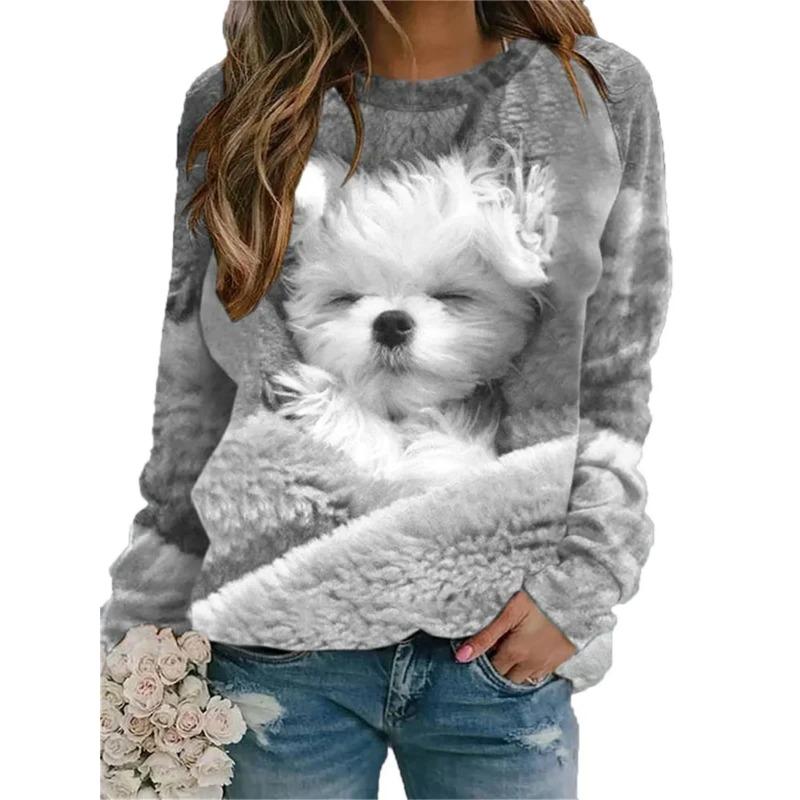 Women's 3D Pullovers O-neck Long Sleeve Cat Puppy Fashion Animal Cute Pet Print Hoodies Large Casual Street Wear Oversize Sweatshirt Ootd