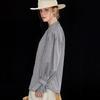 Wudao Women's Striped Stand Collar Flare Sleeve Cotton Blouse