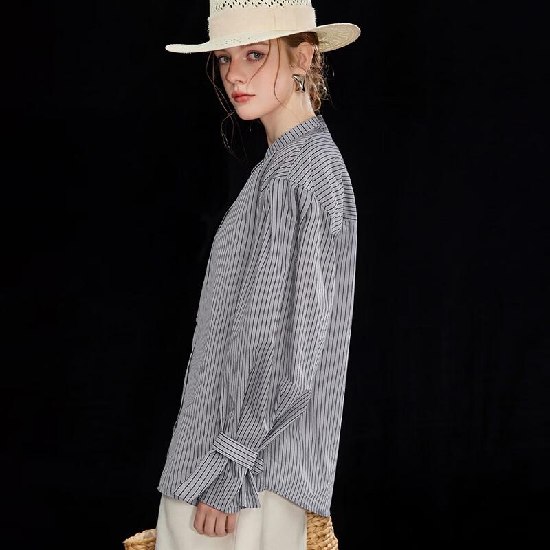 Wudao Women's Striped Stand Collar Flare Sleeve Cotton Blouse