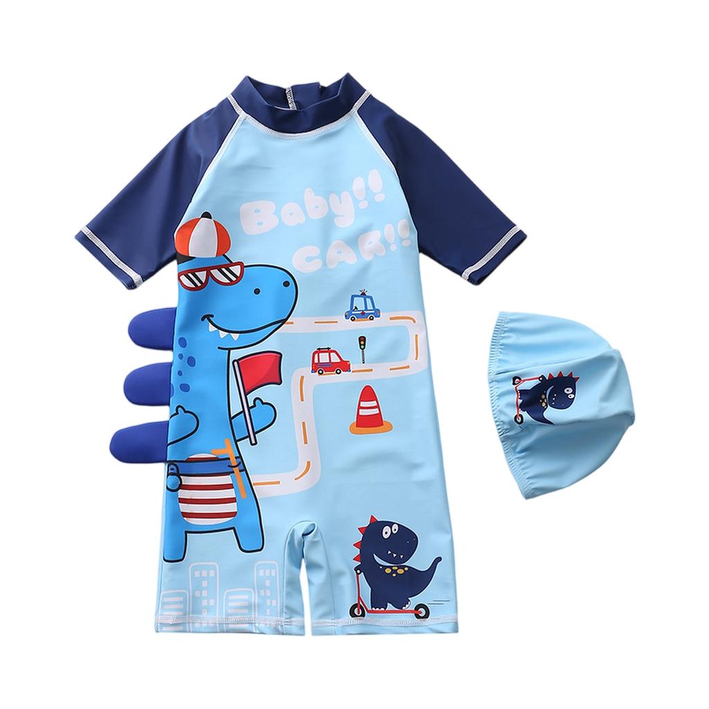 Boys Short Sleeve Hooded One-Piece Swimsuit Cartoon Dinosaur Print Beach Swimwear Summer Kids Swim Shirt with Matching Swim Cap