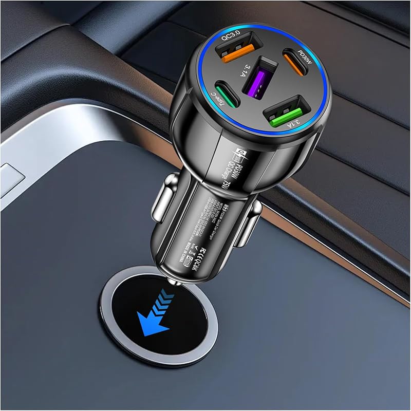 5 Port Fast Car Charger Adapter,12-24V Car Charger USB C & 30W QC3.0/3.1A Port with Reinforced Contacts & Lighting,75W Vehicle Accessories Cigarette