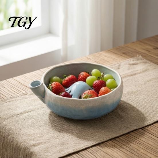 Drainage Bowl for Fresh Fruit Ceramic Berry Washing with Hole, Easy Clean Kitchen Strainer Glazed Basket Bowl, Compact Self Rinsing Serve And