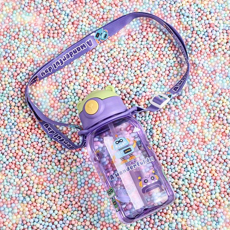 Cute Cartoon Plastic Water Cup With Straw Cup Summer Portable Sports Water Bottle For Outdoor Camping Travel Universal Drinkware