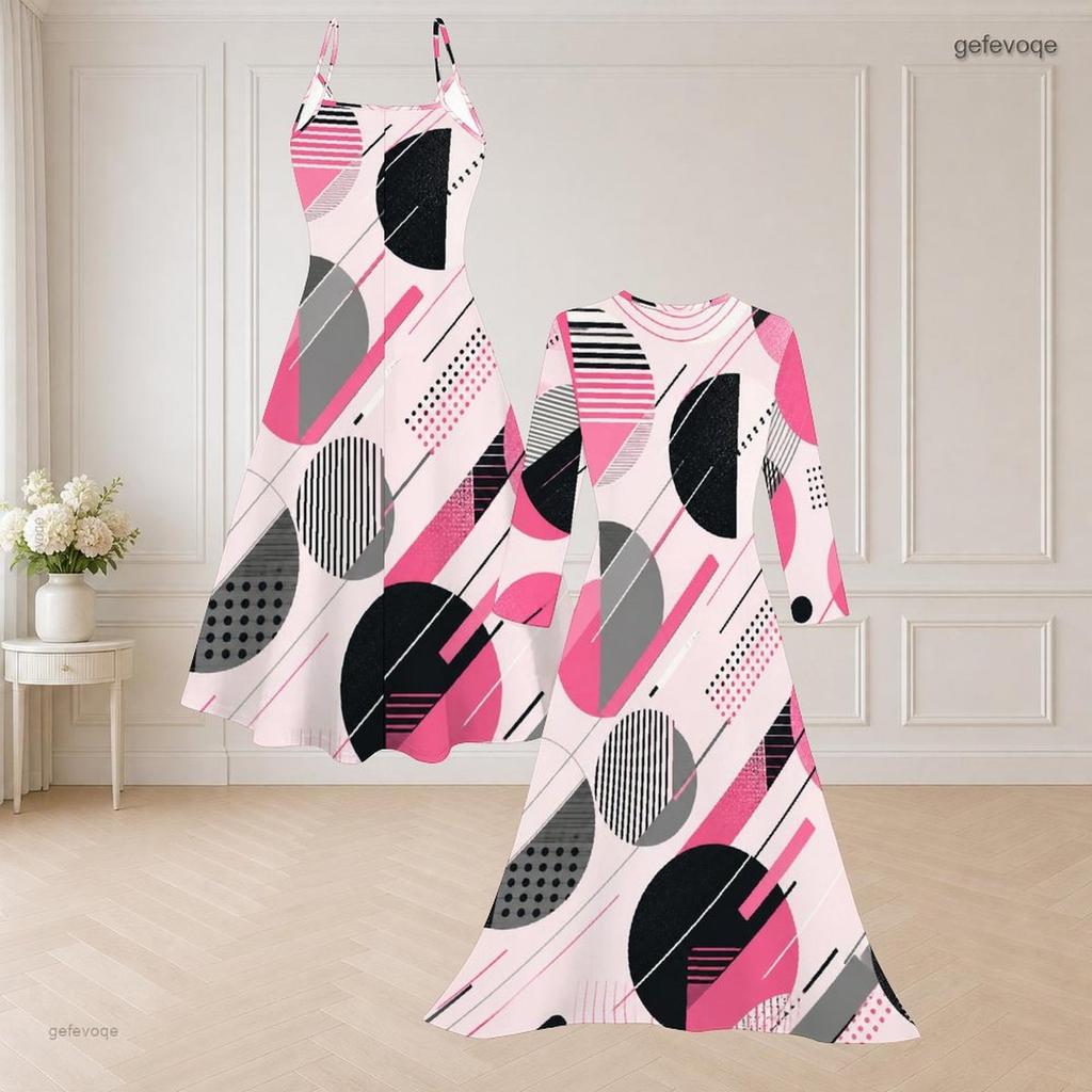 Women Plus Size Two Piece Set Geometric Leaf Printed Strappy V Neck Flared Dress And Long Sleeve Open Front Cardigan