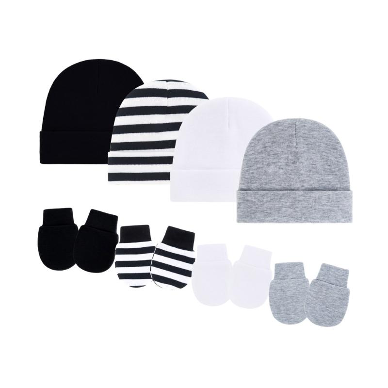 4 Set Baby Bonnet Cap Feature Foldable Edge with Mittens Cotton Fabric Gentle On Sensitive Skin Multiple Color Available