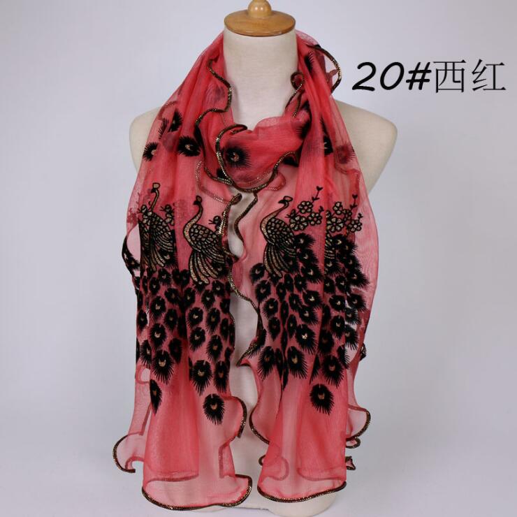 Women Chiffon Neck Scarf Flower Peacock Embroidered Lace Scarf Femmes Silk Long Soft Elegant Shawl New Spring Muffler Scarves
