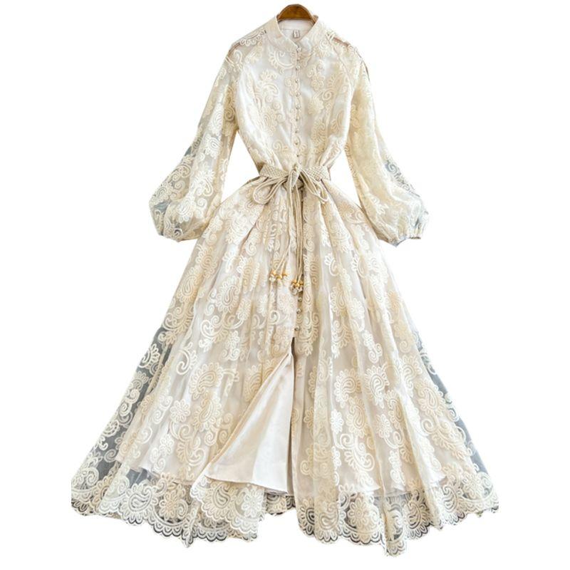 French style Elegant Water Soluble Flower Hollow Embroidery Dress Pettiskirt Lace Waist Hugging Temperament Fairy Holiday Style Long dress