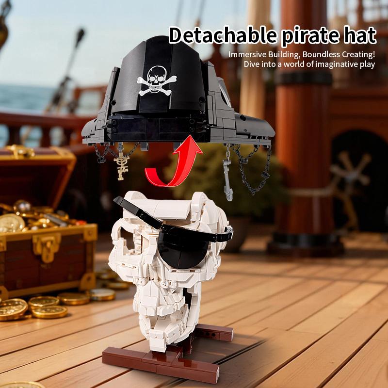 Pirate Skull MOC Blocks Skeleton Model Creative Building Toys for Boys Kids Adult Gifts 1100+Pcs DIY Bricks Sets Room Ornament