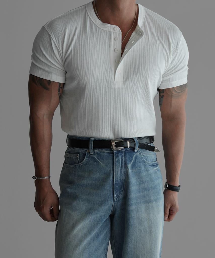 Baulopeulodeogteu Pattern Muscle Henley Neck Short Sleeve Knit Tee [Ivory]