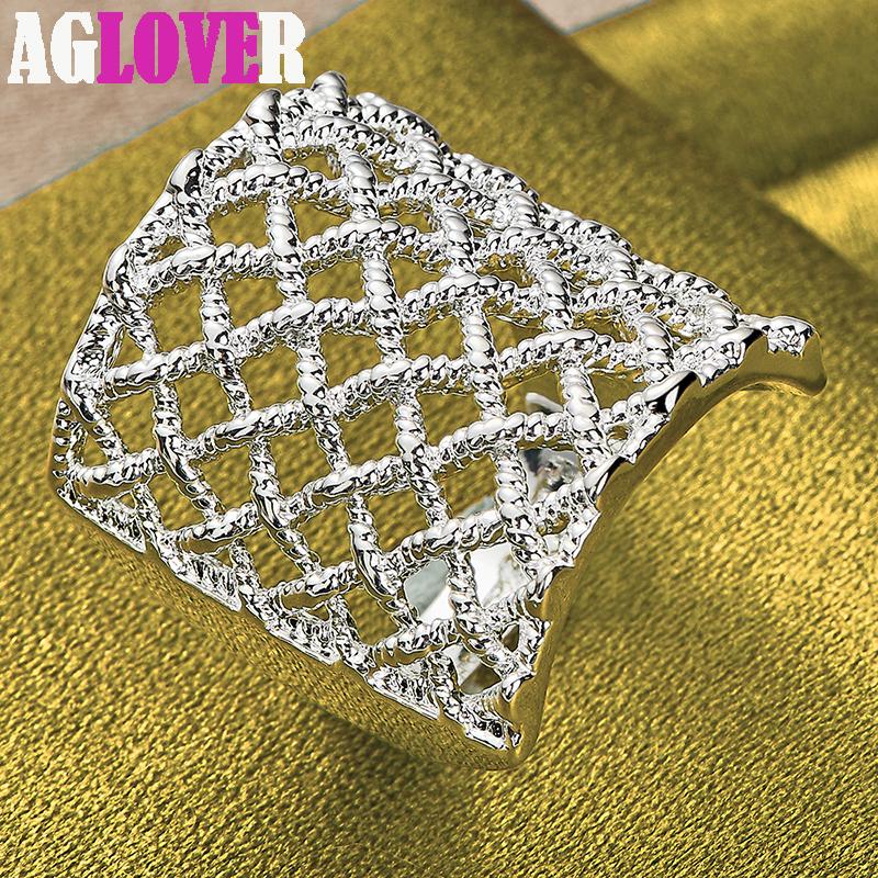 925 Sterling Silver Mesh Square Ring Charm Jewelry