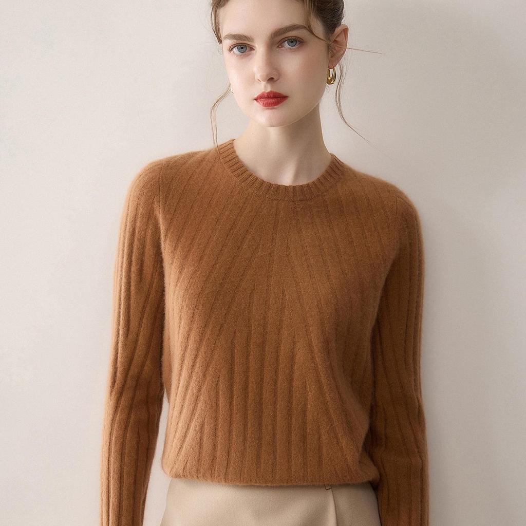 Pure Cashmere Women's Striped Long Sleeve Knit Sweater - Soft, Skin-Friendly, Versatile Pullover for Autumn/Winter