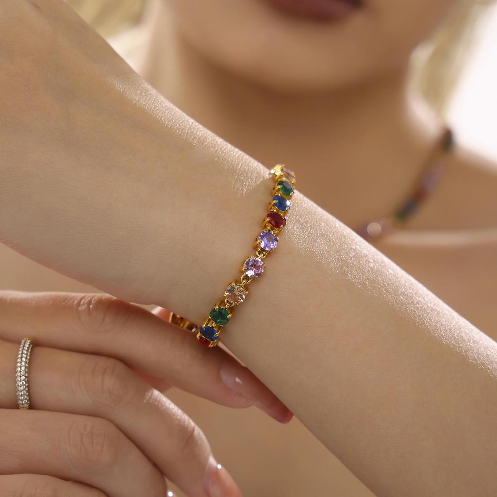 Mili Ins 18K Gold PVD-Plated Stainless Steel Set: Handmade Claw-Set 5mm Colored Zircon Bracelet & Necklace, Super Shiny.