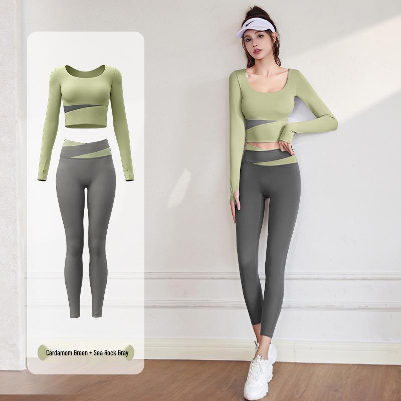 Damen Frühling Colorblock Yoga Set - Nude Feeling Enges Top & Langarm, Brustpolster, Modehose zum Laufen und für Fitness