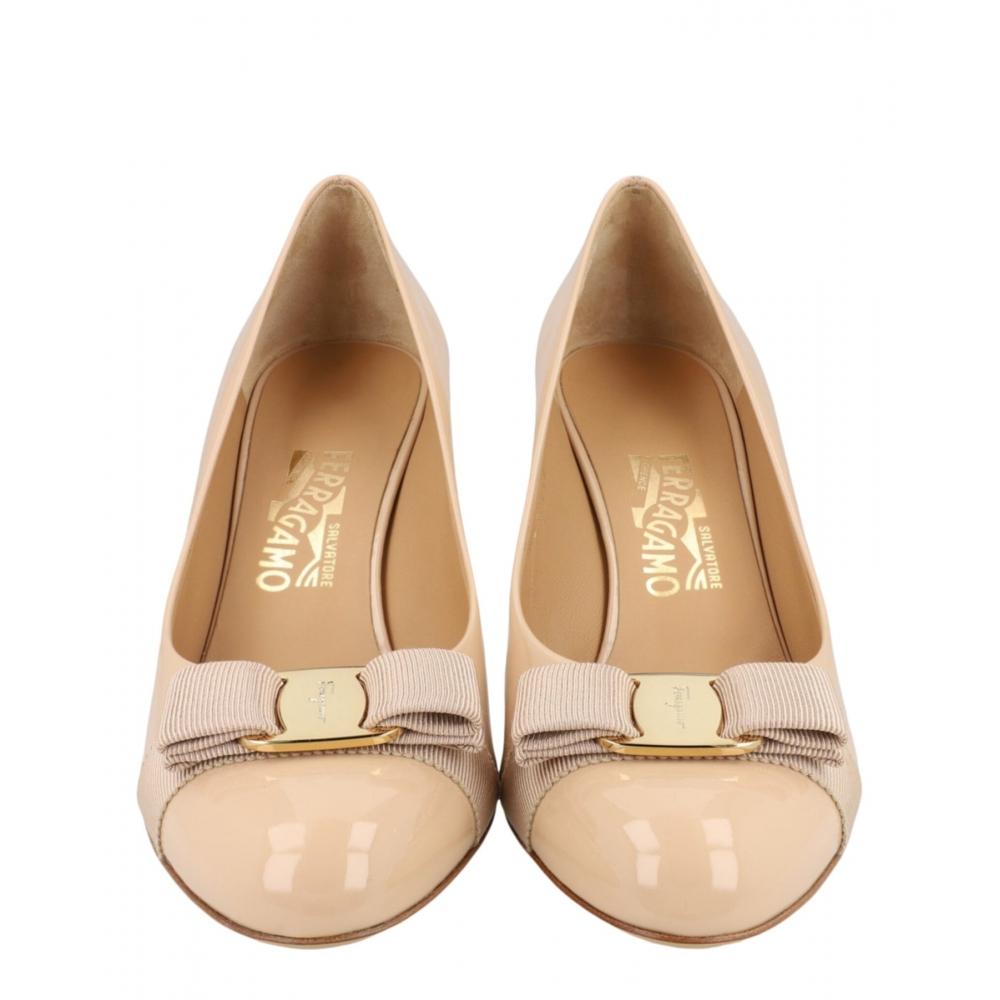 Salvatore Ferragamo Carla 70 Patent Leather Pumps Narrow Width Bone