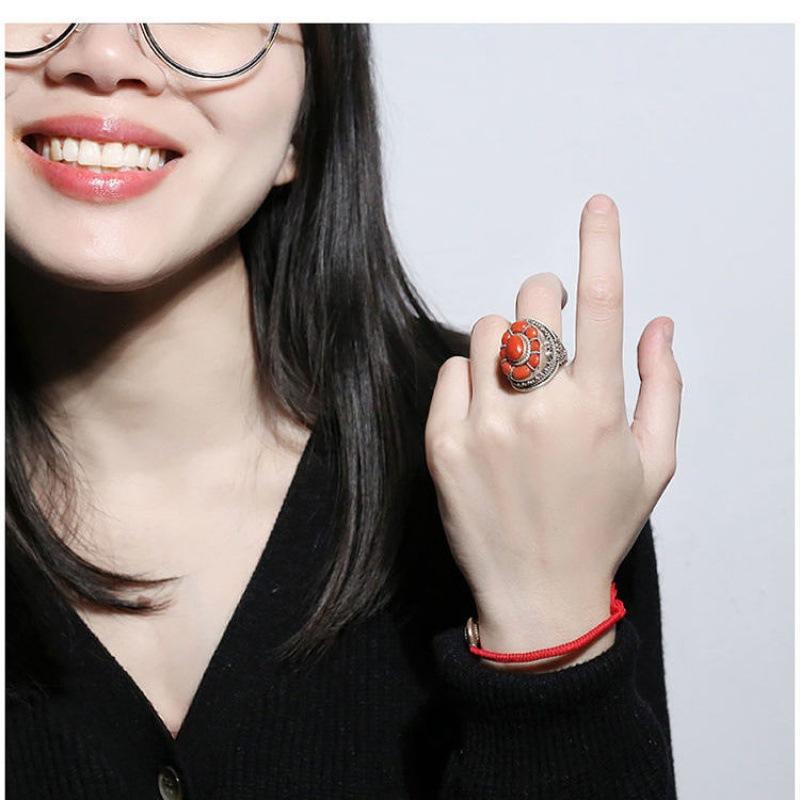 Handmade Red Turquoise Open Ring Tibetan Retro Turquoise Jewelry