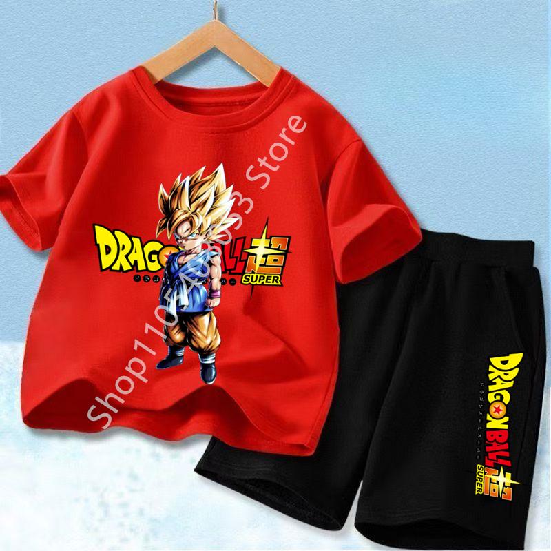 2026 Anime Cool Goku Dragon Ball Z Boys CosPlay Short Sleeve Shorts with Pocket Beach Pants Breathable T-shirt Kids Suit