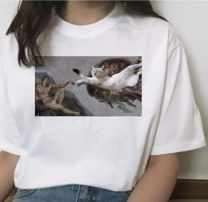 Oil Painting Cat Women's Fashion Personality Spoof Classic Oil Painting T-shirt Women Clothing Tops Harajuku Aesthetic Oversized